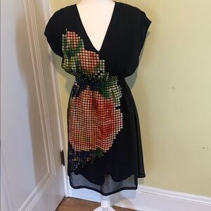 Anthropology Black  Dress with Colorful Pixel Floral Pattern